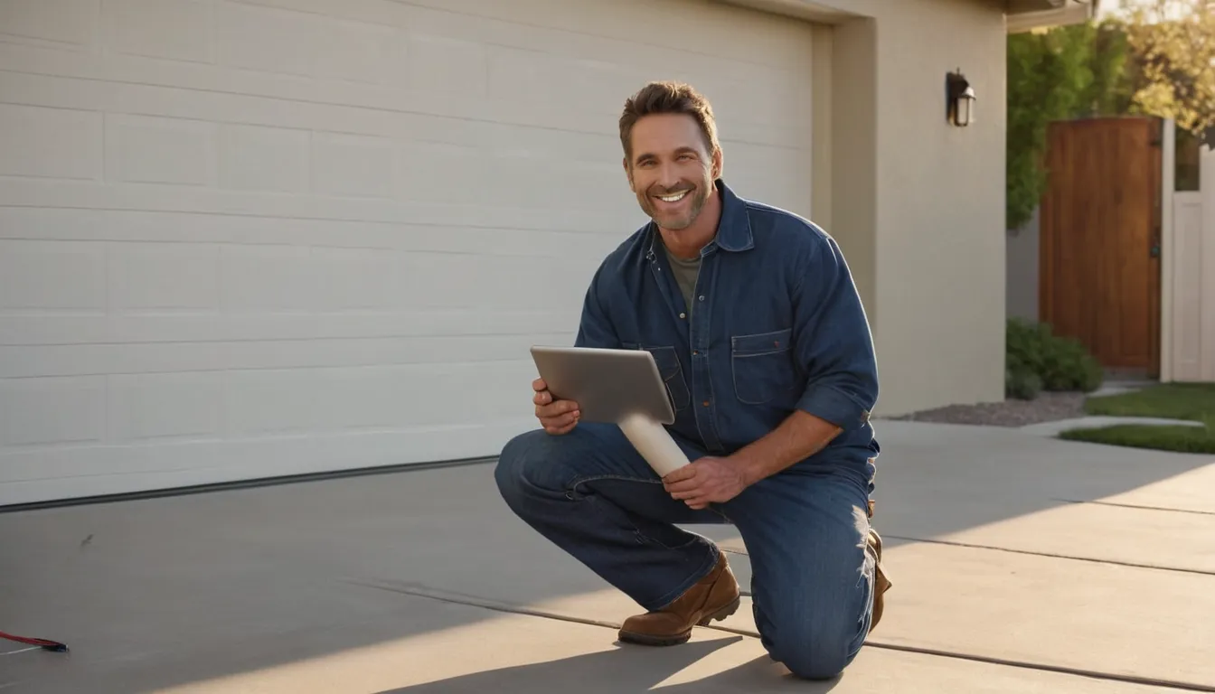 A friendly provider checking a garage door track at a stucco home in Brentwood